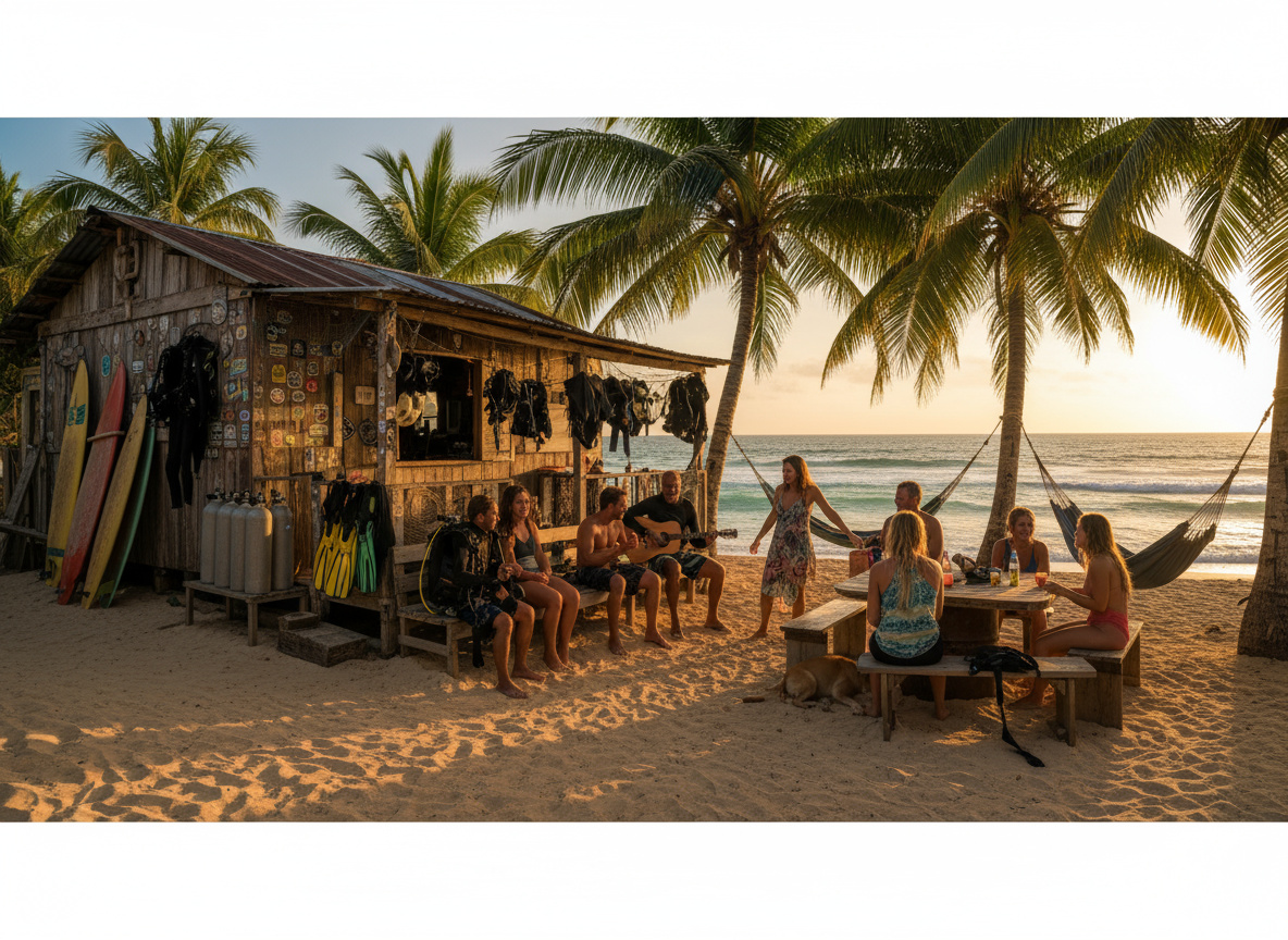 Divers gearing up on the sand outside the shack