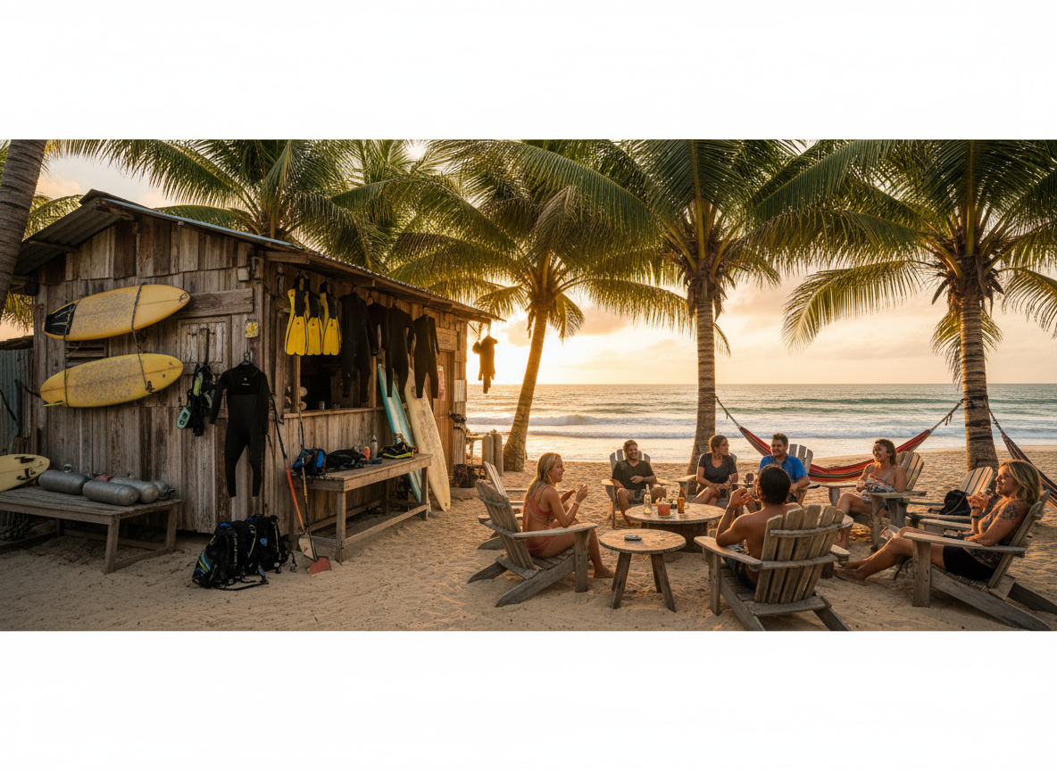 The shack’s gear wall, rinsed wetsuits and rows of fins