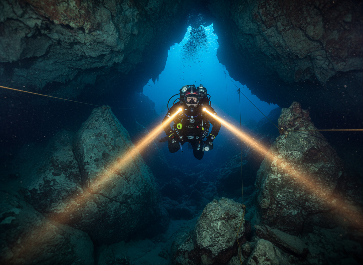 A cave diver running the gold guideline through a flooded limestone passage