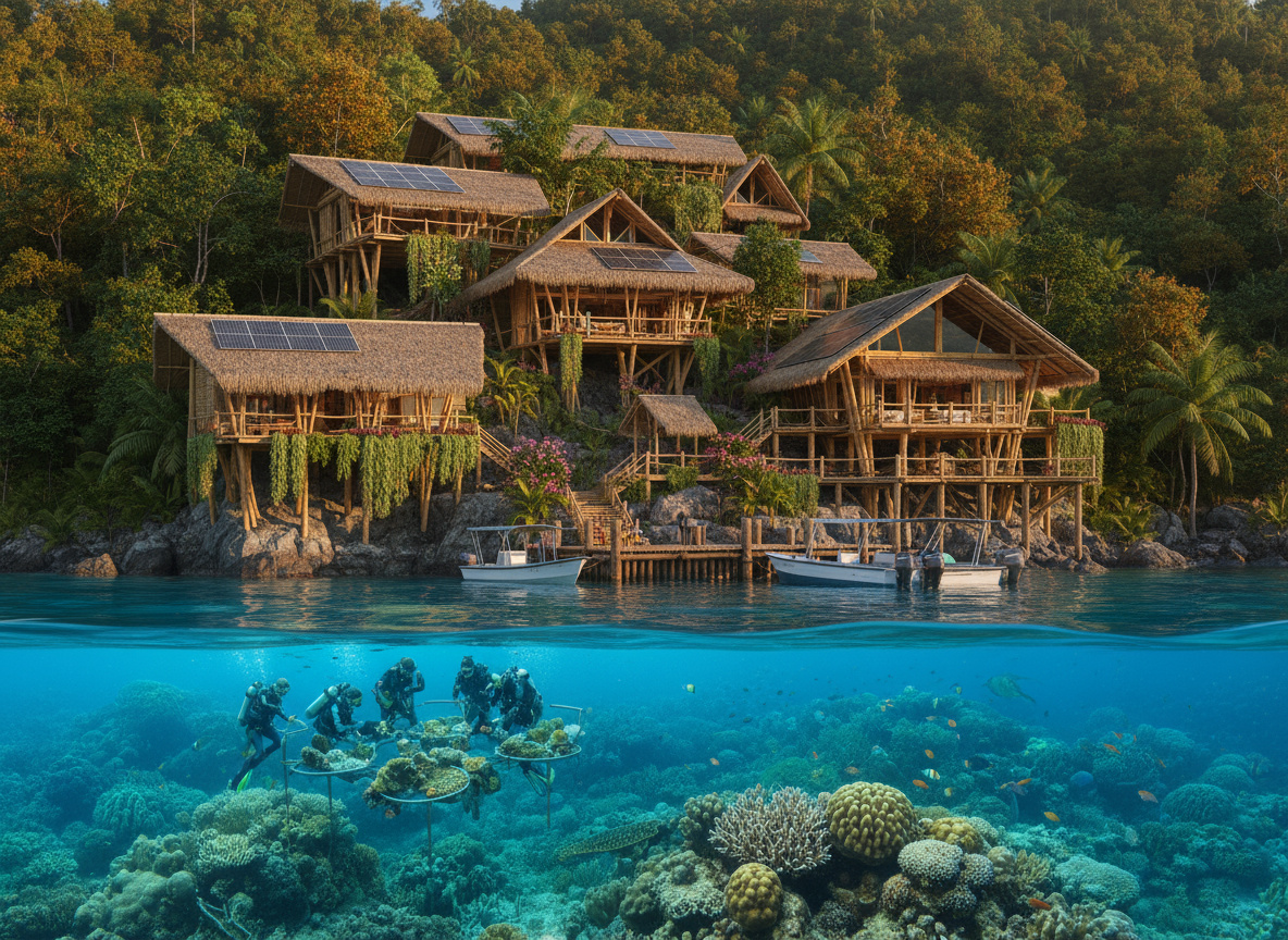 Bungalows under palms behind the resort's coral nursery jetty