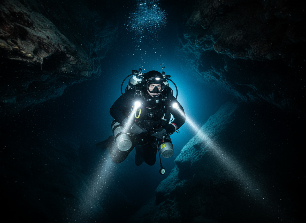 Technical diver running line drills in the training basin
