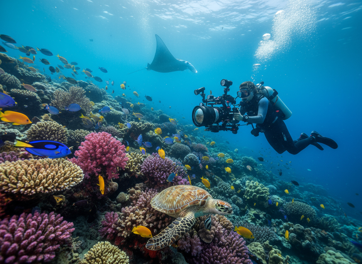 Divers descending along a reef wall