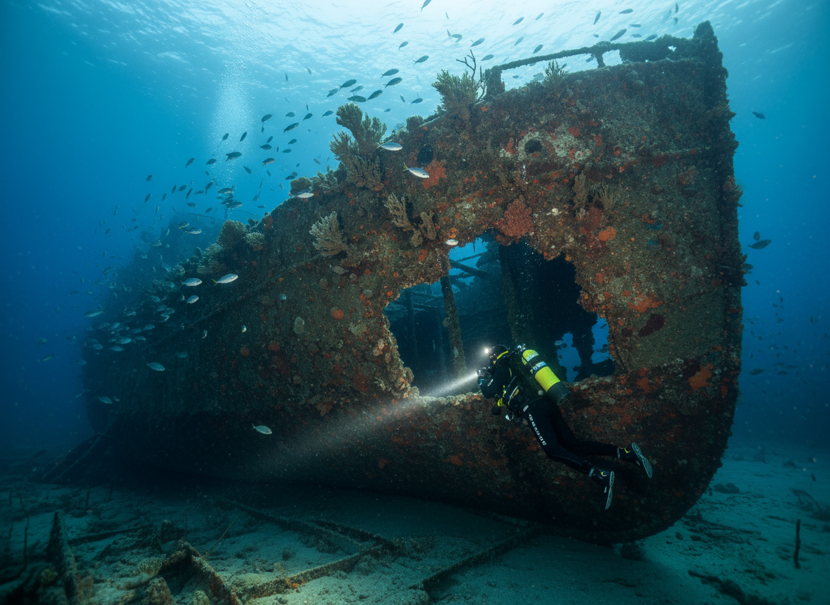 A diver silhouetted in the cargo hold of a sunken steamer