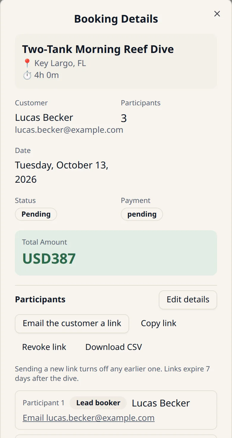 A booking's details on a phone: the trip, the customer, the date, the payment status and the participant list.
