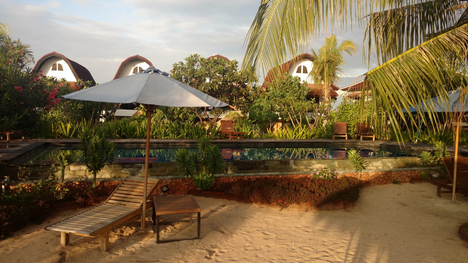 Oceanfront resort at sunset