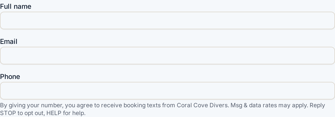 Booking form with name, email and phone fields; under the phone field: By giving your number, you agree to receive booking texts from Coral Cove Divers. Msg & data rates may apply. Reply STOP to opt out, HELP for help.