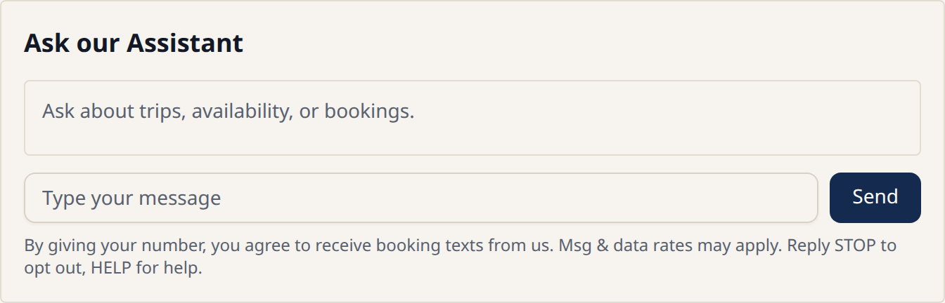 Chat box with the notice under it: By giving your number, you agree to receive booking texts from us. Msg & data rates may apply. Reply STOP to opt out, HELP for help.