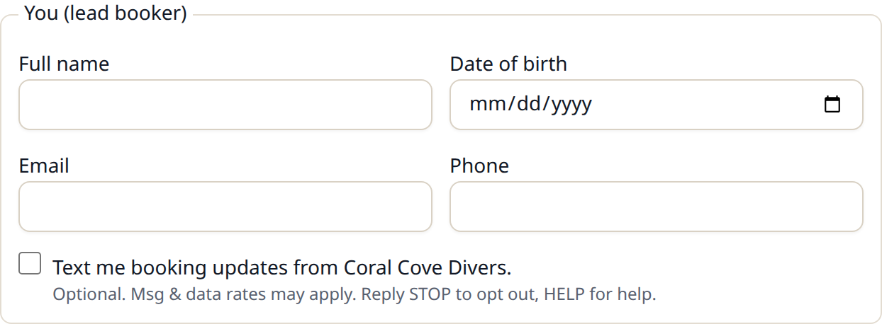 Participant details form with an unticked checkbox: Text me booking updates from Coral Cove Divers. Optional. Msg and data rates may apply. Reply STOP to opt out, HELP for help.